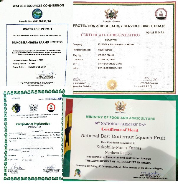 Kukobila Nasia Farms certificates and awards